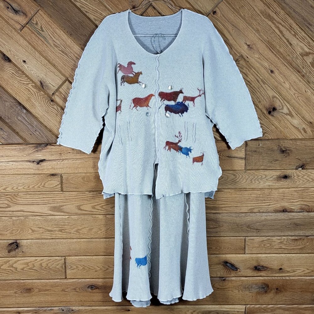 Vtg Garb Lagenlook Hippie Waffle Knit 2 Pc Set Sz S/M Animal Print OVERSIZED Top